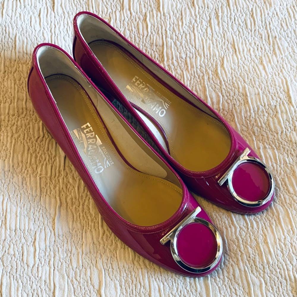 Ferragamo Patent Leather Block Heal Pumps